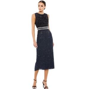 Mac Duggal NWT Size 8 10509 Blue Sleeveless High Neck Beaded Midi Sheath Dress